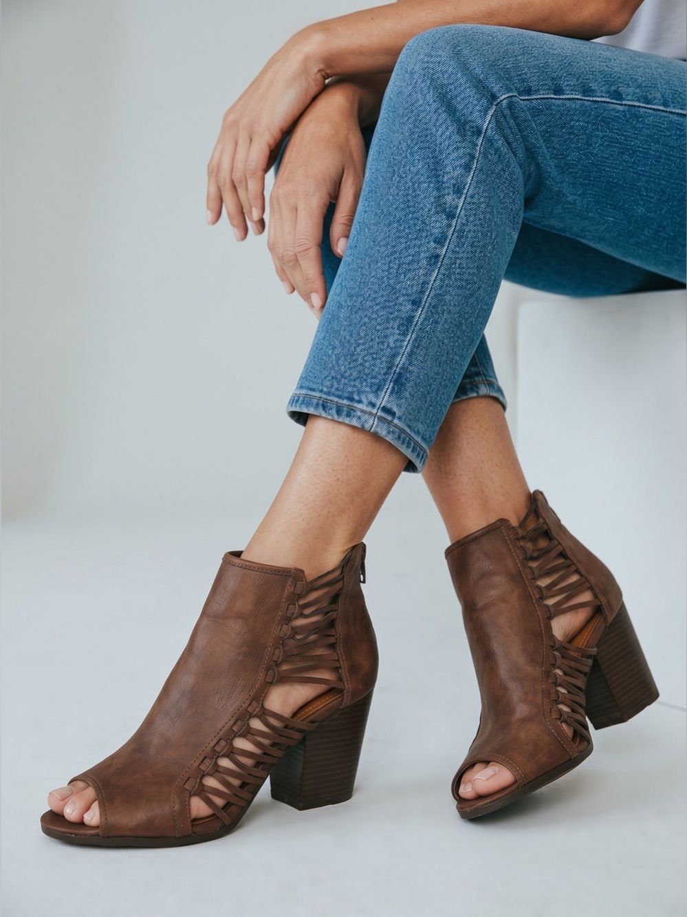 Rampage Brown Open-Toe Cutout Block Heel Booties